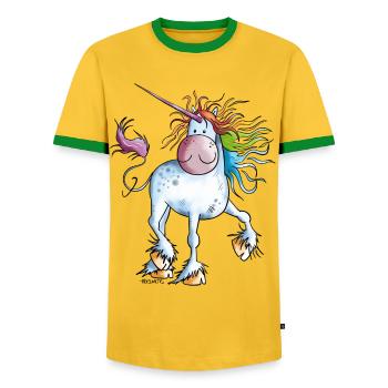 Regenbogen Einhorn - Männer Kontrast-T-Shirt - Gelb/Grün  - Vorne - AI Model Female 172 light (172cm) & AI Model Male 178 dark (178cm)