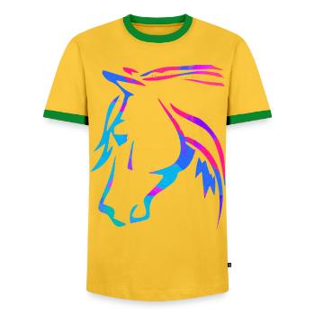 Horse in Pink - Horse Head Drawing - Horse Riding - Men's Ringer Shirt - yellow/green  - Front - AI Model Female 172 light (172cm) & AI Model Male 178 dark (178cm)