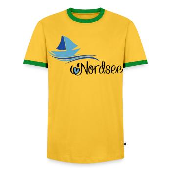 North Sea design with sailboat - Men's Ringer Shirt - yellow/green  - Front - AI Model Female 172 light (172cm) & AI Model Male 178 dark (178cm)