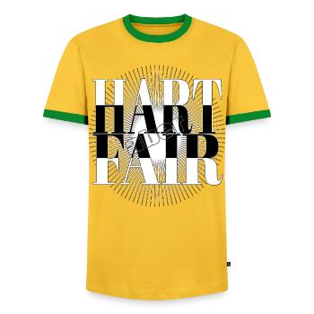 TOUGH but FAIR - Men's Ringer Shirt - yellow/green  - Front - AI Model Female 172 light (172cm) & AI Model Male 178 dark (178cm)