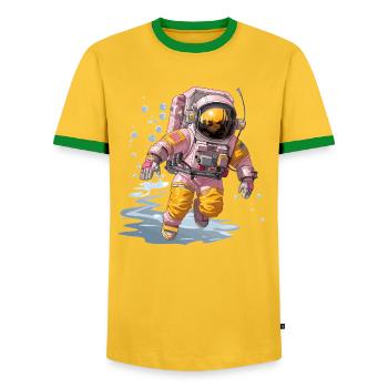 Pink Spacewalker im Gelb-Orangenanzug - Männer Kontrast-T-Shirt - Gelb/Grün  - Vorne - AI Model Female 172 light (172cm) & AI Model Male 178 dark (178cm)