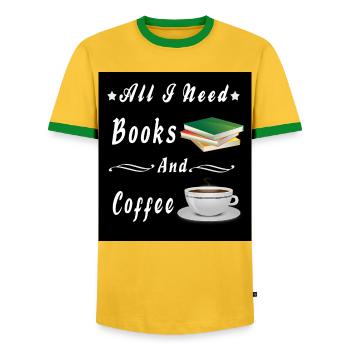 All I Need Books and Coffee - Men's Ringer Shirt - yellow/green  - Front - AI Model Female 172 light (172cm) & AI Model Male 178 dark (178cm)