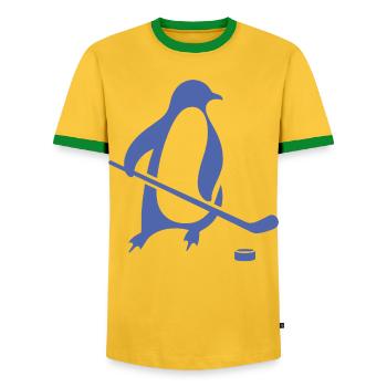 Penguin Ice Hockey Silhouette Minimalist - Men's Ringer Shirt - yellow/green  - Front - AI Model Female 172 light (172cm) & AI Model Male 178 dark (178cm)