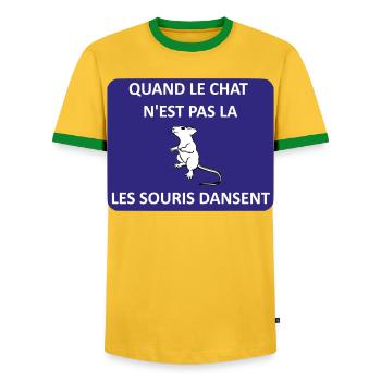 When the cat is away, the mice will play - Men's Ringer Shirt - yellow/green  - Front - AI Model Female 172 light (172cm) & AI Model Male 178 dark (178cm)