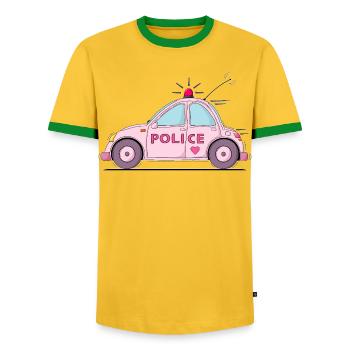 Polizeiauto Police Rosa - Männer Kontrast-T-Shirt - Gelb/Grün  - Vorne - AI Model Female 172 light (172cm) & AI Model Male 178 dark (178cm)