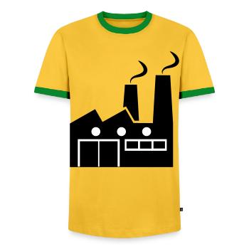 Abstract geometric line art of a factory - Men's Ringer Shirt - yellow/green  - Front - AI Model Female 172 light (172cm) & AI Model Male 178 dark (178cm)