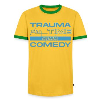 Trauma + Time = Comedy - Men's Ringer Shirt - yellow/green  - Front - AI Model Female 172 light (172cm) & AI Model Male 178 dark (178cm)