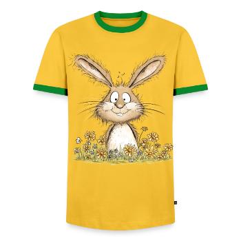 Drolliger Hase I Osterhase Häschen - Männer Kontrast-T-Shirt - Gelb/Grün  - Vorne - AI Model Female 172 light (172cm) & AI Model Male 178 dark (178cm)
