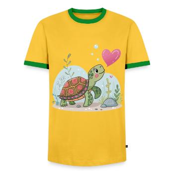 Verträumte Schildkröte mit floralem Herz - Männer Kontrast-T-Shirt - Gelb/Grün  - Vorne - AI Model Female 172 light (172cm) & AI Model Male 178 dark (178cm)