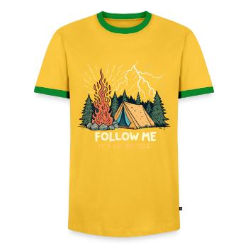 Nature Adventure Tent Camping Fire - Men's Ringer Shirt - yellow/green  - Front - AI Model Female 172 light (172cm) & AI Model Male 178 dark (178cm)