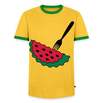 Melone mit Gabel - Männer Kontrast-T-Shirt - Gelb/Grün  - Vorne - AI Model Female 172 light (172cm) & AI Model Male 178 dark (178cm)