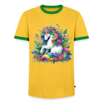 Rainbow Mane Unicorn Bloom - Men's Ringer Shirt - yellow/green  - Front - AI Model Female 172 light (172cm) & AI Model Male 178 dark (178cm)