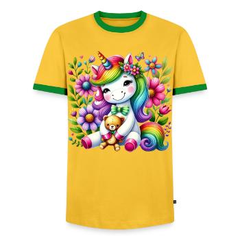 Rainbow Unicorn Floral Dream - Men's Ringer Shirt - yellow/green  - Front - AI Model Female 172 light (172cm) & AI Model Male 178 dark (178cm)