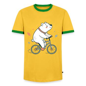 Pastel Cycling Bear - Men's Ringer Shirt - yellow/green  - Front - AI Model Female 172 light (172cm) & AI Model Male 178 dark (178cm)