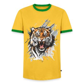 Tiger Head Predator Nature Wilderness Splash - Men's Ringer Shirt - yellow/green  - Front - AI Model Female 172 light (172cm) & AI Model Male 178 dark (178cm)