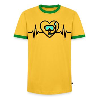 Heart Diving – Passion for the Sea - Men's Ringer Shirt - yellow/green  - Front - AI Model Female 172 light (172cm) & AI Model Male 178 dark (178cm)