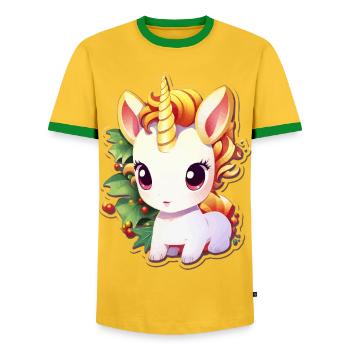 Unicorn in the festival forest with mistletoe - Men's Ringer Shirt - yellow/green  - Front - AI Model Female 172 light (172cm) & AI Model Male 178 dark (178cm)