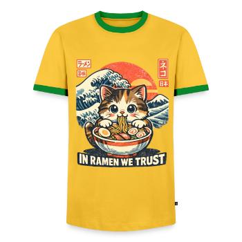 Ramen Cat dans le Ramen en qui nous avons confiance - T-shirt contrasté Homme - jaune/vert  - Devant - AI Model Female 172 light (172cm) & AI Model Male 178 dark (178cm)