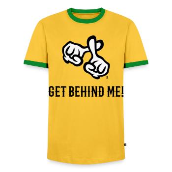 Mets-toi derrière moi ! (Croix / Bible / Religion / 2C) - T-shirt contrasté Homme - jaune/vert  - Devant - AI Model Female 172 light (172cm) & AI Model Male 178 dark (178cm)