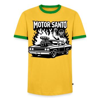 Motor Santo Fire Hotrod - Men's Ringer Shirt - yellow/green  - Front - AI Model Female 172 light (172cm) & AI Model Male 178 dark (178cm)