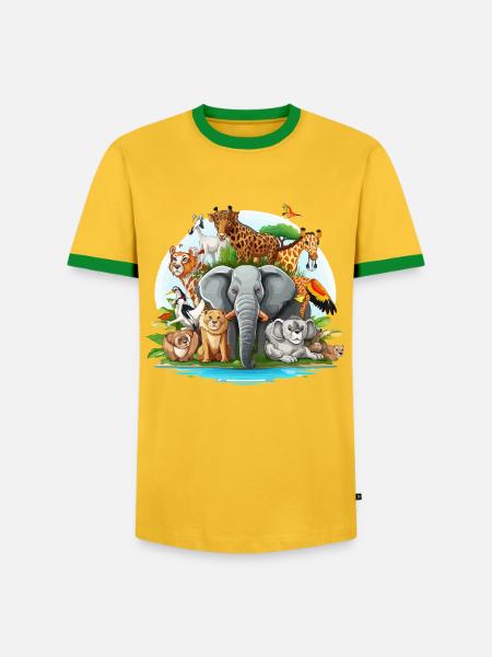 Bunte Tierfamilie im Dschungel - Männer Kontrast-T-Shirt - Gelb/Grün