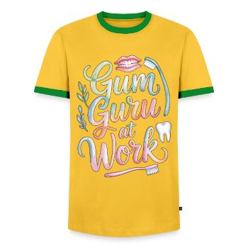 Periodontist Gum Guru At Work Dental Health Care - Men's Ringer Shirt - yellow/green  - Front - AI Model Female 172 light (172cm) & AI Model Male 178 dark (178cm)