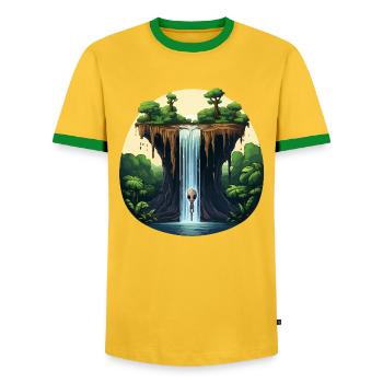 Alien at the waterfall in the jungle - Men's Ringer Shirt - yellow/green  - Front - AI Model Female 172 light (172cm) & AI Model Male 178 dark (178cm)