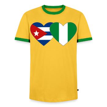 Cuba Nigeria Flag Heart Flag - Men's Ringer Shirt - yellow/green  - Front - AI Model Female 172 light (172cm) & AI Model Male 178 dark (178cm)