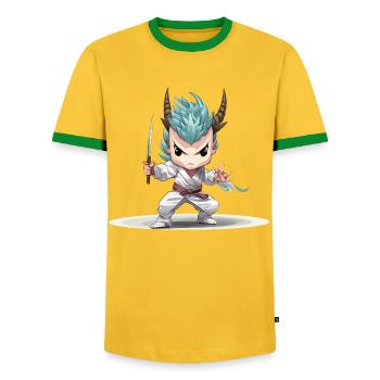 Chibi Krieger mit Katana - Männer Kontrast-T-Shirt - Gelb/Grün  - Vorne - AI Model Female 172 light (172cm) & AI Model Male 178 dark (178cm)