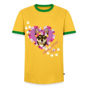 Resting B!tch Face Chihuahua - Men's Ringer Shirt - yellow/green  - Front - AI Model Female 172 light (172cm) & AI Model Male 178 dark (178cm)