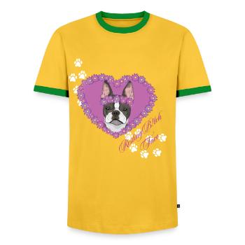 Resting B!tch Face Boston Terrier - Men's Ringer Shirt - yellow/green  - Front - AI Model Female 172 light (172cm) & AI Model Male 178 dark (178cm)