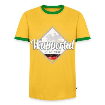 Wuppertal Stadt in Deutschland Nordrhein-Westfalen - Männer Kontrast-T-Shirt - Gelb/Grün  - Vorne - AI Model Female 172 light (172cm) & AI Model Male 178 dark (178cm)