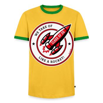 Class Of 26 – We Take Of Like A Rocket! (POS Red) - Men's Ringer Shirt - yellow/green  - Front - AI Model Female 172 light (172cm) & AI Model Male 178 dark (178cm)