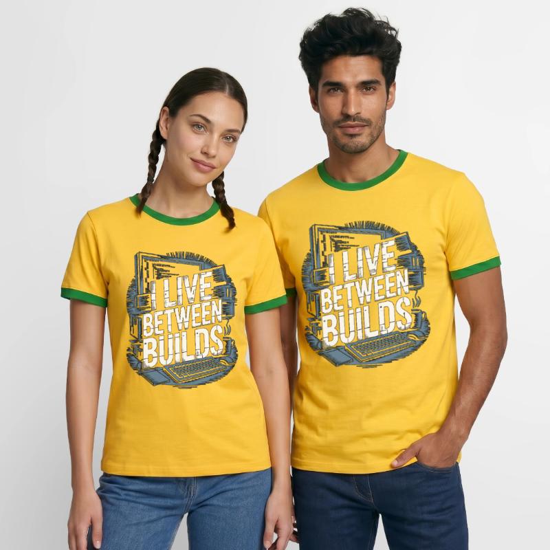 Game Developer I Live Between Builds Game Coder Männer Kontrast-T-Shirt