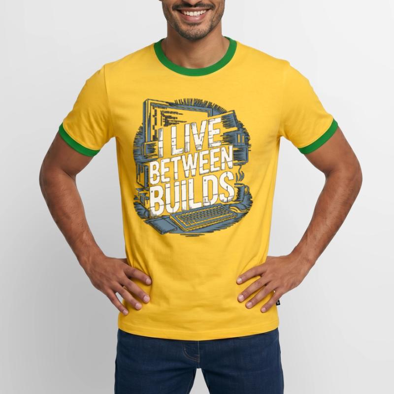 Game Developer I Live Between Builds Game Coder Männer Kontrast-T-Shirt