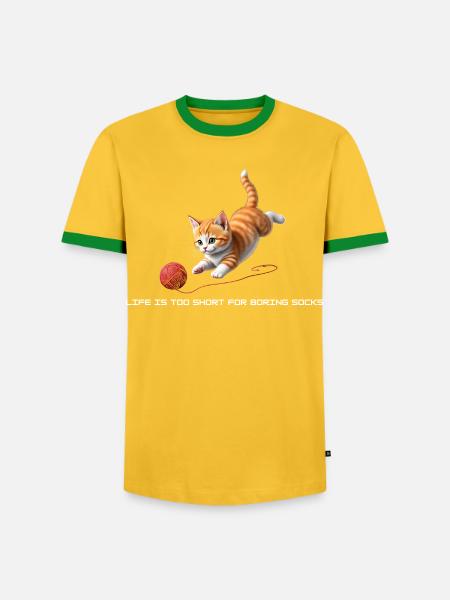 Kätzchen mit rotem Wollknäuel - Männer Kontrast-T-Shirt - Gelb/Grün 