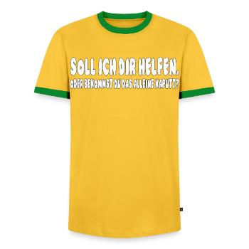 Shall I help you, or will you get it alone - Men's Ringer Shirt - yellow/green  - Front - AI Model Female 172 light (172cm) & AI Model Male 178 dark (178cm)