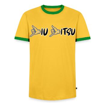 Shaka Jiu Jitsu T-Shirt – BJJ Chill Design - Männer Kontrast-T-Shirt - Gelb/Grün  - Vorne - AI Model Female 172 light (172cm) & AI Model Male 178 dark (178cm)
