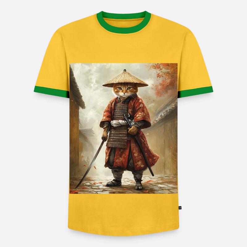 Katze Samurai - Männer Kontrast-T-Shirt - Gelb/Grün 