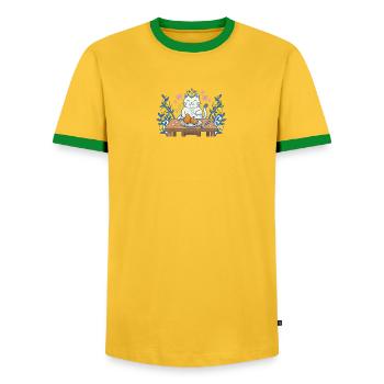 King cat at the table with kibble - Men's Ringer Shirt - yellow/green  - Front - AI Model Female 172 light (172cm) & AI Model Male 178 dark (178cm)