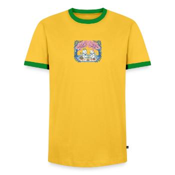 De vrais chats en pique-entre les sakura - T-shirt contrasté Homme - jaune/vert  - Devant - AI Model Female 172 light (172cm) & AI Model Male 178 dark (178cm)