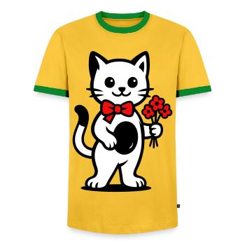 Amoureux des chats kawaii avec ruban rouge - T-shirt contrasté Homme - jaune/vert  - Devant - AI Model Female 172 light (172cm) & AI Model Male 178 dark (178cm)