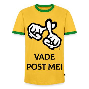 Vade Post Me ! (Croix / Bible / Religion / 2C) - T-shirt contrasté Homme - jaune/vert  - Devant - AI Model Female 172 light (172cm) & AI Model Male 178 dark (178cm)