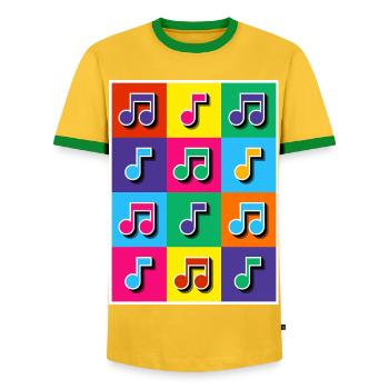 Pop-Art-Musiknoten Mosaik - Männer Kontrast-T-Shirt - Gelb/Grün  - Vorne - AI Model Female 172 light (172cm) & AI Model Male 178 dark (178cm)