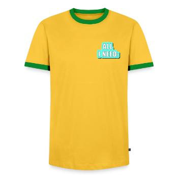 All i need is... vector graphic - Men's Ringer Shirt - yellow/green  - Front - AI Model Female 172 light (172cm) & AI Model Male 178 dark (178cm)