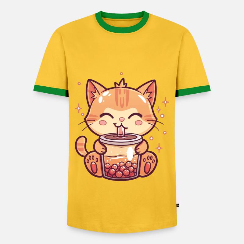 Cat drinks bubble tea - Men's Ringer Shirt - yellow/green