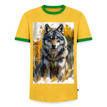 Illustration eines Wolfes - Männer Kontrast-T-Shirt - Gelb/Grün  - Vorne - AI Model Female 172 light (172cm) & AI Model Male 178 dark (178cm)