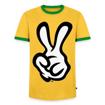 Victory Hand Sign (Left Hand / POS / 2C) - Men's Ringer Shirt - yellow/green  - Front - AI Model Female 172 light (172cm) & AI Model Male 178 dark (178cm)