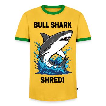 Bulldog Shark Shred Shark Sea Bull - Men's Ringer Shirt - yellow/green  - Front - AI Model Female 172 light (172cm) & AI Model Male 178 dark (178cm)