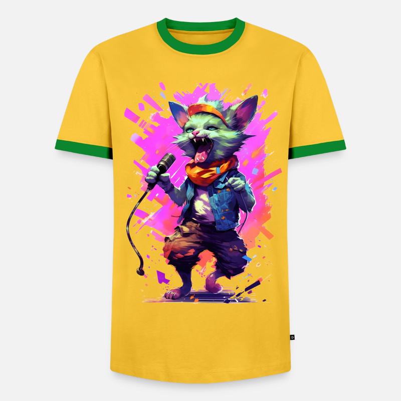 Singing cat with microphone - Men's Ringer Shirt - yellow/green 